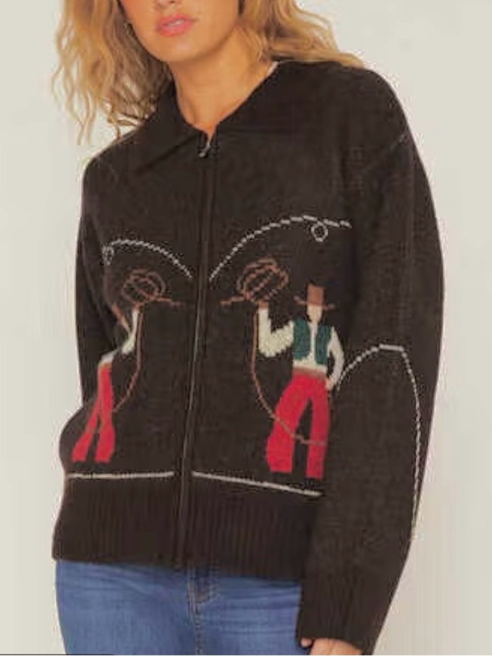 🆕-By Together- Cowboy Rodeo Knit Zip-up Collar Neck Cardigan w/Side Pockets.